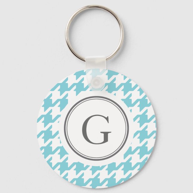 Stylish classic aqua blue houndstooth monogram key ring (Front)