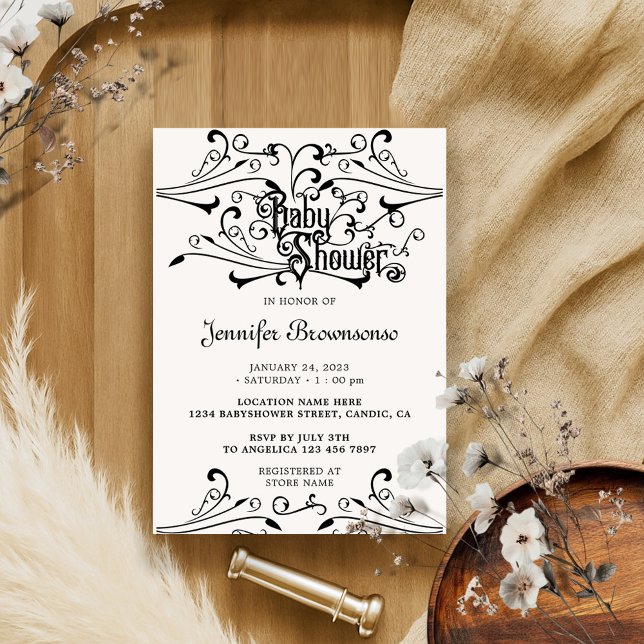 Stylish Classic Black Retro Ornament Baby Shower Invitation (Creator Uploaded)