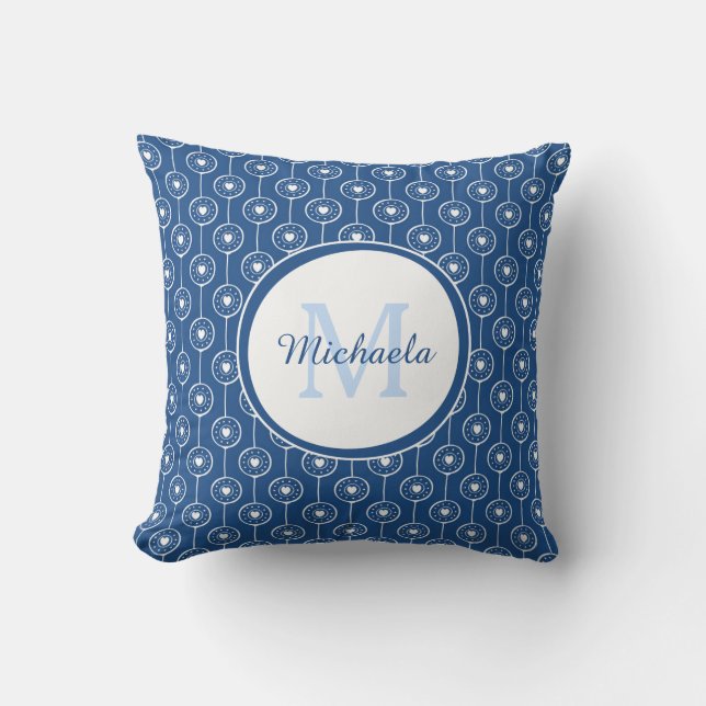 Stylish Classic Blue Monogrammed Name Heart Dots Cushion (Front)