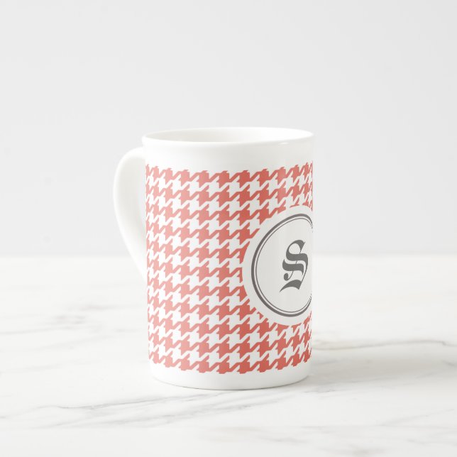 Stylish classic coral red houndstooth monogram bone china mug (Front Left)