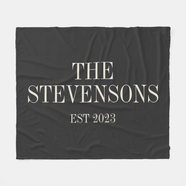 Stylish Classic Family Last Name Est Date Black Fleece Blanket (Front (Horizontal))