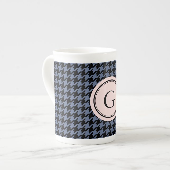 Stylish classic grey houndstooth pink monogram bone china mug (Front Left)
