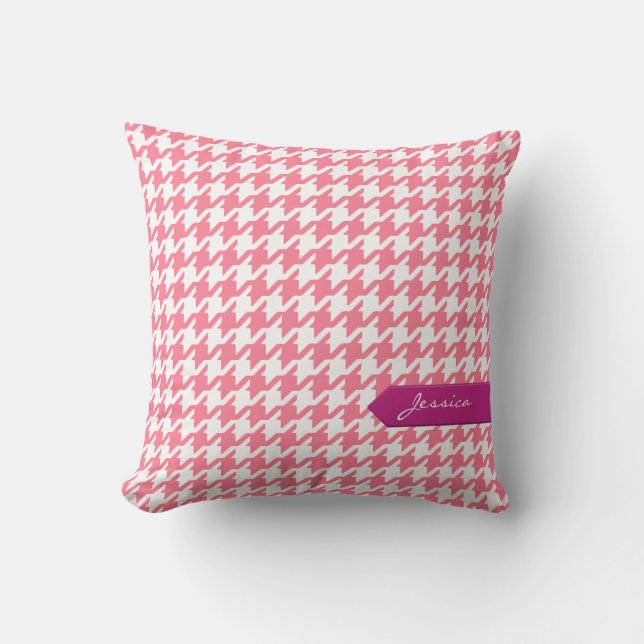 Stylish classic pink houndstooth with monogram cushion (Front)