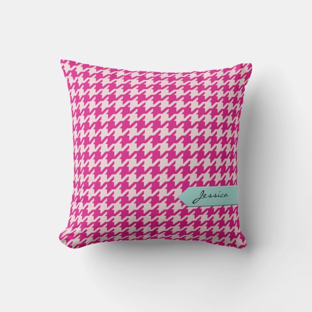 Stylish classic pink houndstooth with monogram cushion (Front)