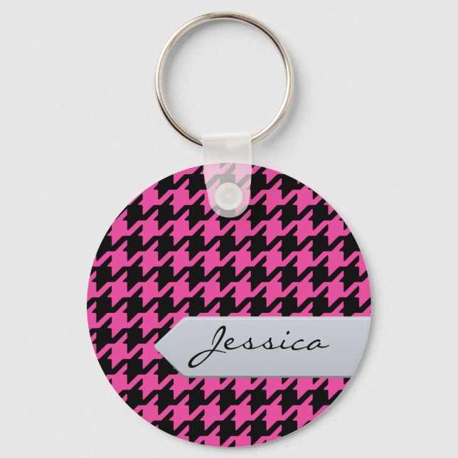 Stylish classic pink houndstooth with monogram key ring (Front)