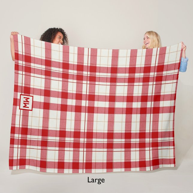 Stylish Classic red and cream plaid monogram Fleece Blanket (Creator Uploaded)