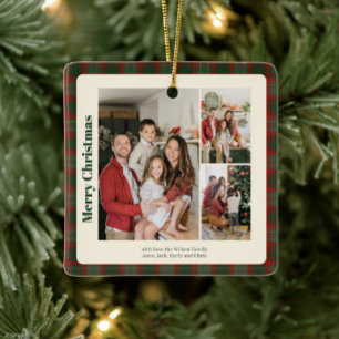 Stylish Classy Plaid 3 photos Christmas Ceramic Ornament