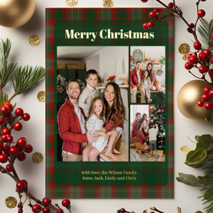 Stylish Classy Plaid 3 photos Christmas Foil Holiday Card