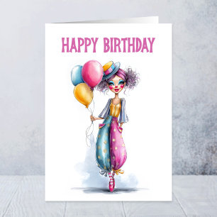 Stylish Clown Girl Holding Balloons Birthday Card