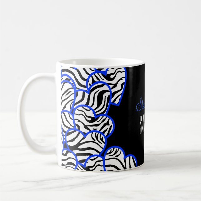 Stylish Cobalt Sweet 16 Zebra Heart Design Name  Coffee Mug (Left)