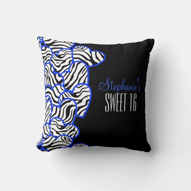 Stylish Cobalt Sweet 16 Zebra Heart Design Name  Cushion (Front)