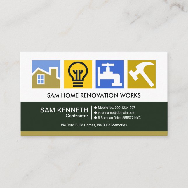 Stylish Colorful Construction Symbols Contractor Business Card (Front)