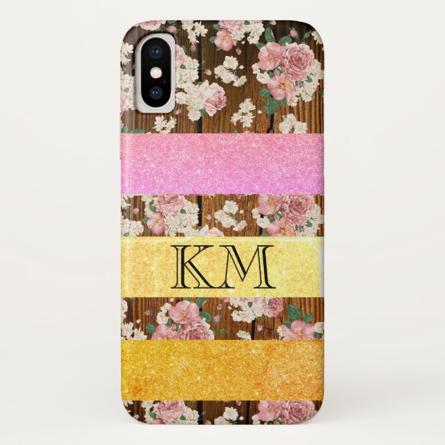 Stylish Colour Glitter with Monogram Wood & Flower Case-Mate iPhone Case (Back)