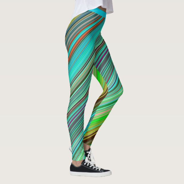 Stylish Colourful Blue Teal Stripe Pattern Yoga Leggings (Right)
