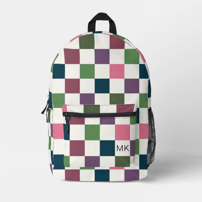 Stylish Colourful Chequerboard Monogram Initials Printed Backpack (Front)