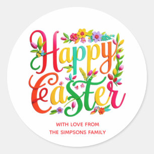 Stylish Colourful Floral Happy Easter Classic Round Sticker