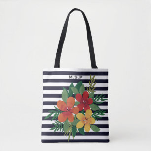 Stylish Colourful Floral on Black and White Stripe Tote Bag