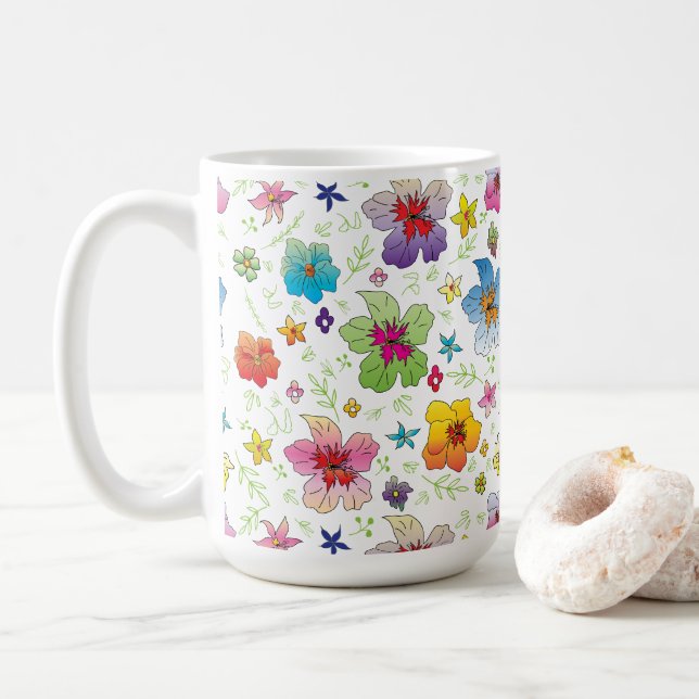 Stylish Colourful Flower Pattern Design Coffee Mug (With Donut)