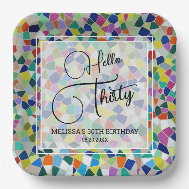 Stylish Colourful Mosaic Hello Thirty 30th Birthda Paper Plate (Front)