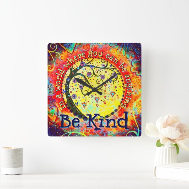 Stylish Colourful Tree Whimsical Kindness Quote Square Wall Clock (Home)