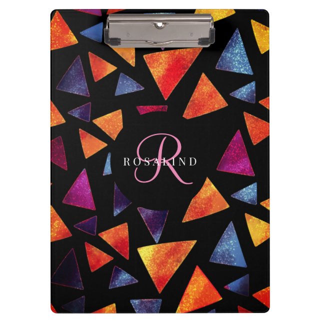 Stylish Colourful Triangles Pattern Monogrammed Clipboard (Front)