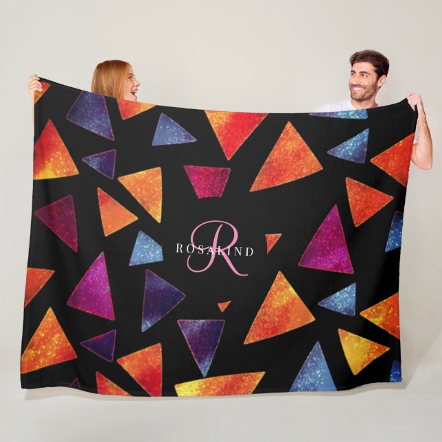 Stylish Colourful Triangles Pattern Monogrammed Fleece Blanket (In Situ)