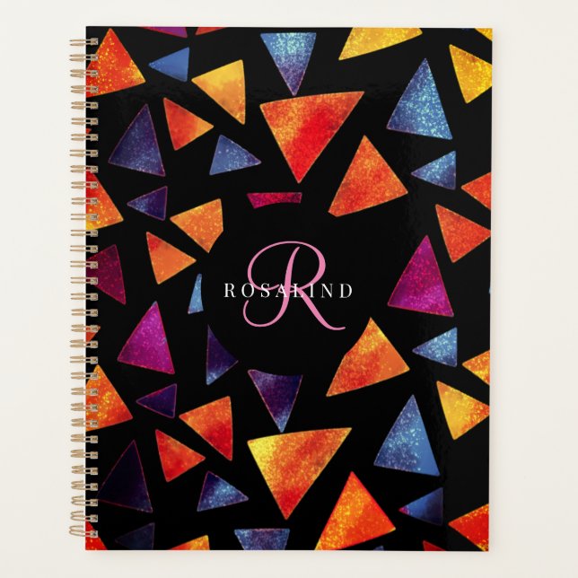Stylish Colourful Triangles Pattern Monogrammed Planner (Front)