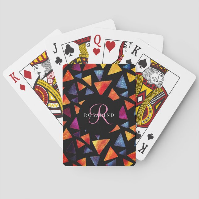 Stylish Colourful Triangles Pattern Monogrammed Playing Cards (Back)