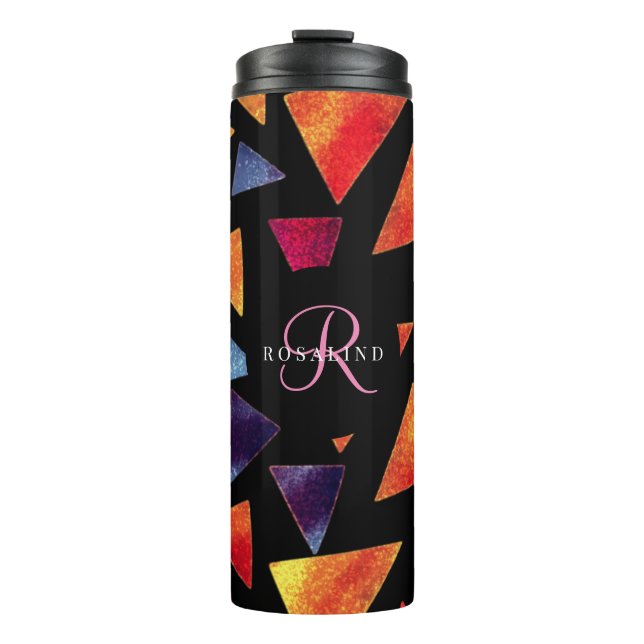 Stylish Colourful Triangles Pattern Monogrammed Thermal Tumbler (Front)