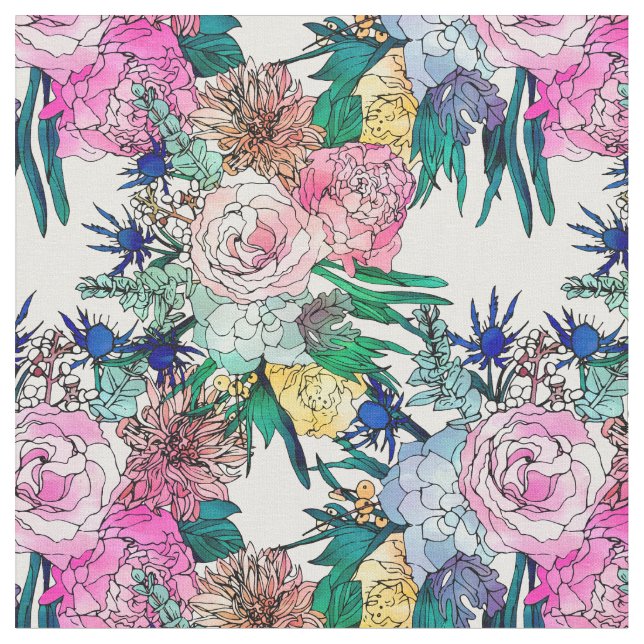 Stylish Colourful Watercolor Floral Pattern Fabric (Close Up)