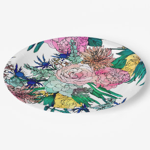 Stylish Colourful Watercolor Floral Pattern Paper Plate