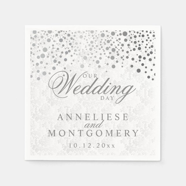 Stylish Confetti Silver Dots Our Wedding Day Napkin (Front)