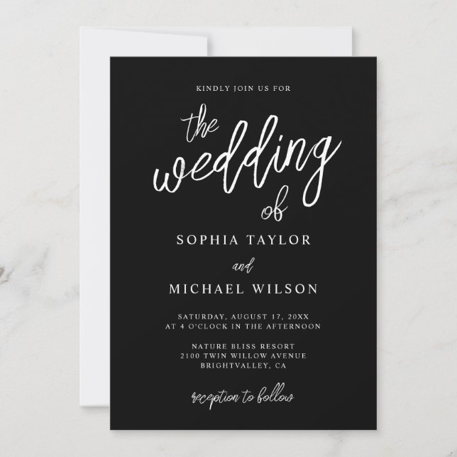 Stylish Contemporary Script Black White Wedding Invitation (Front)