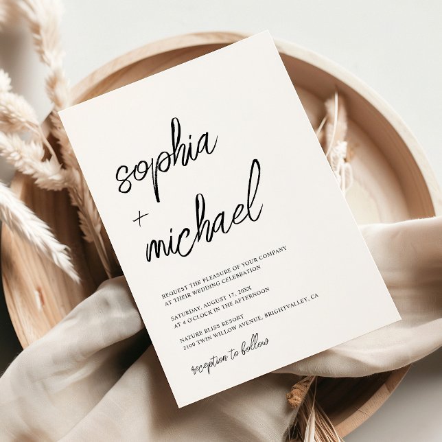 Stylish Contemporary Script Black White Wedding Invitation (Creator Uploaded)