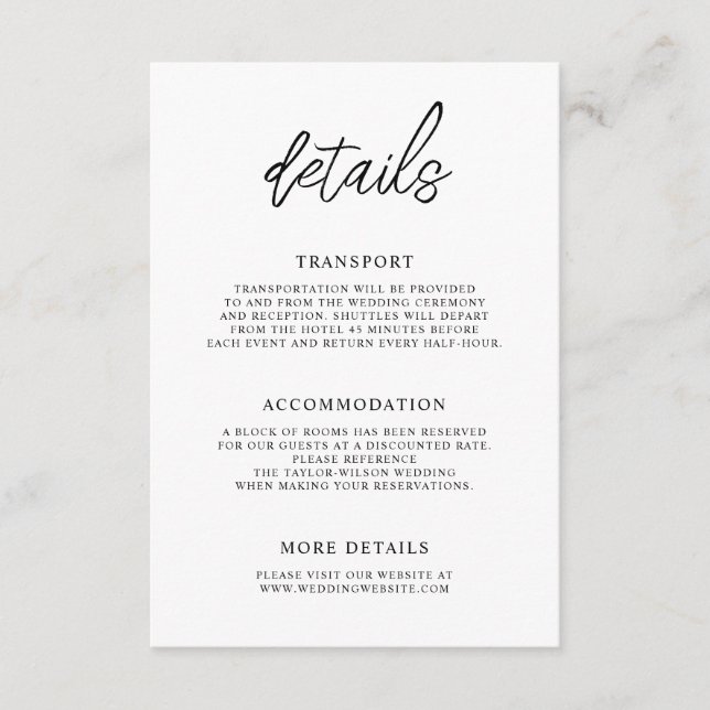 Stylish Contemporary Script Wedding Details Enclosure Card (Front)