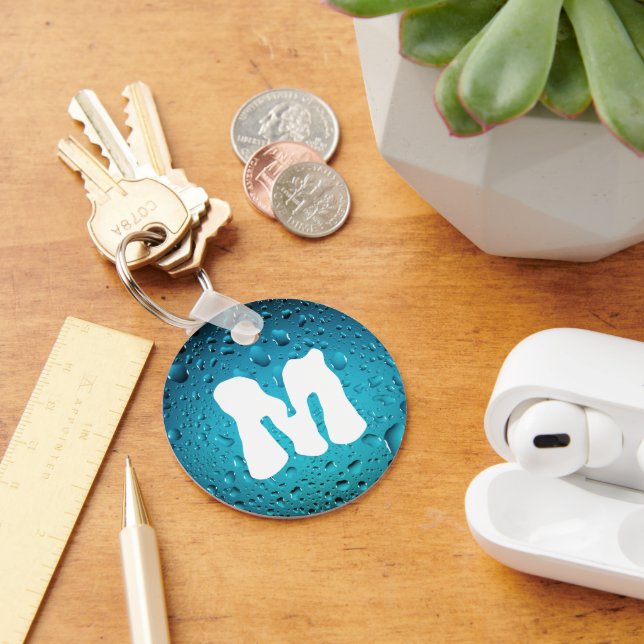Stylish Cool Blue water drops Monogram Key Ring (Desk)