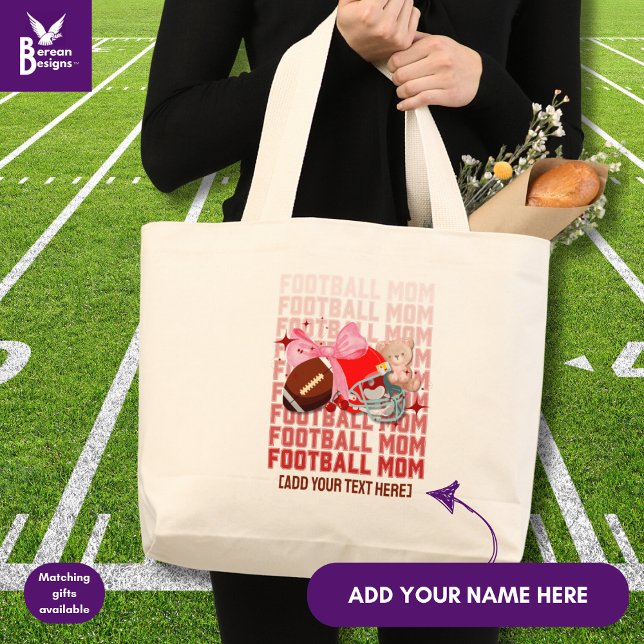Stylish Coquette FOOTBALL MOM Large Tote Bag (Fun, stylish FOOTBALL MOM tote bag designed with coquette aesthetic and CUSTOMIZABLE TEXT.)