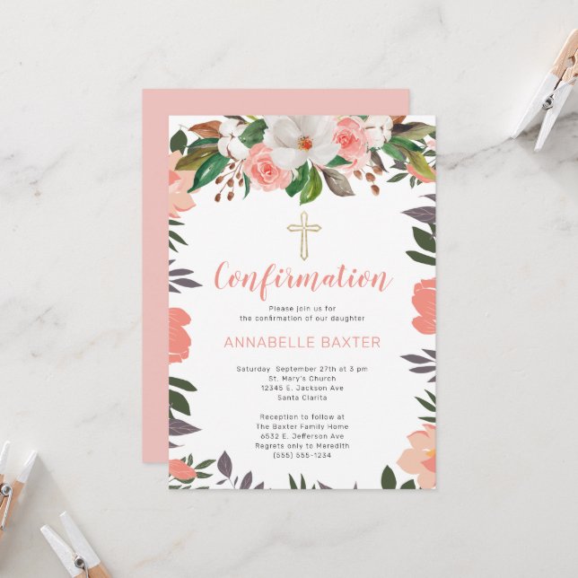 Stylish Coral Blush Floral Confirmation Invitation (Front/Back In Situ)