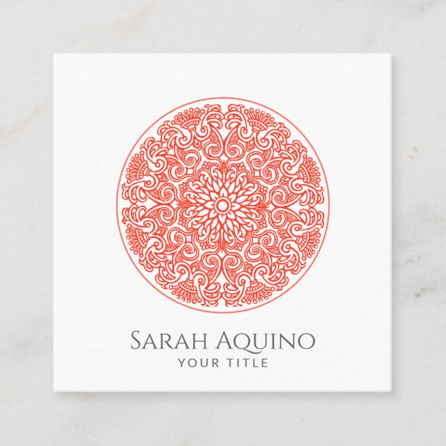 Stylish Coral Mandala Universe Symbol Square Business Card (Front)