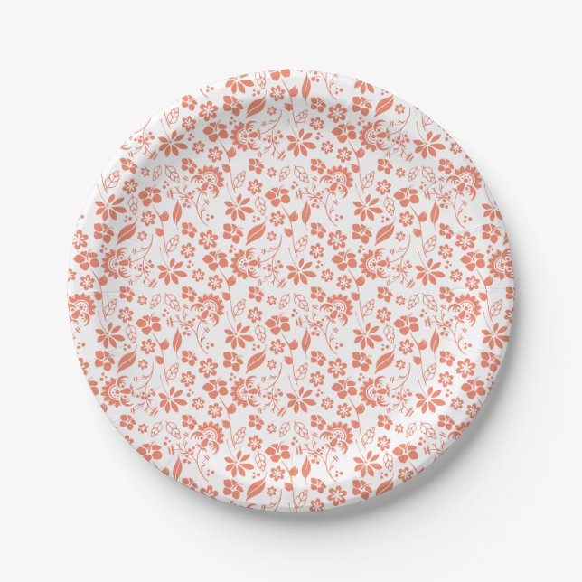 Stylish Coral Tropical Peach Garden Flowers Paper Plate (Front)