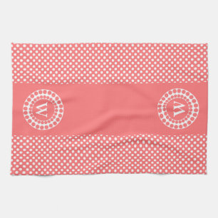Stylish Coral & White Polka Dot Monogram Tea Towel