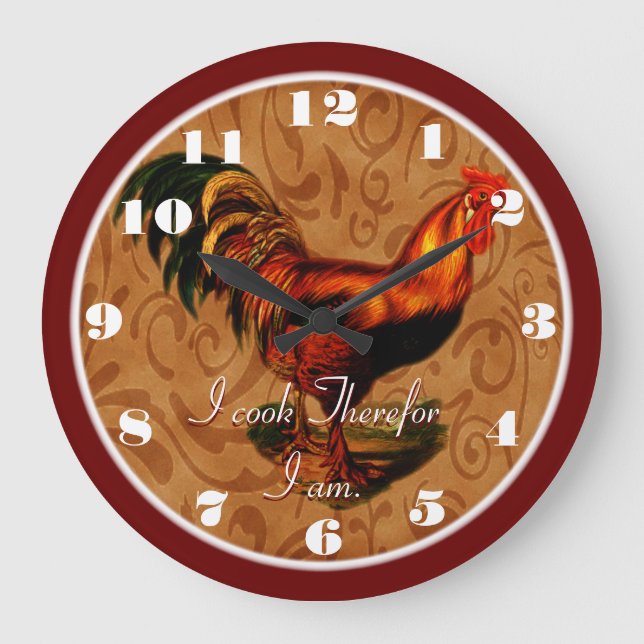 Stylish Country Rooster I cook therefor I am Large Clock (Front)