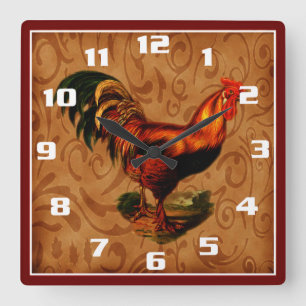 Stylish Country Rooster Kitchen Square Wall Clock