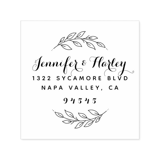 Stylish Couple's Names | Round Botanical Address Self-inking Stamp (Design)
