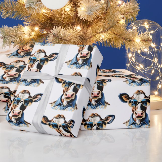 Stylish Cow in Sunglasses and Paisley Scarf Wrapping Paper (Holidays)