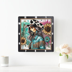 Stylish Cowgirl Illustration Floral Western Themes Square Wall Clock