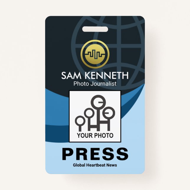Stylish Creative Global Blue Waves Press Photo ID Badge (Front)