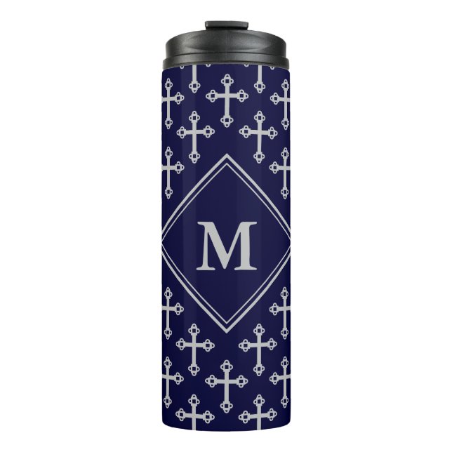 Stylish CROSS Monogram Blue Grey Thermal Tumbler (Front)