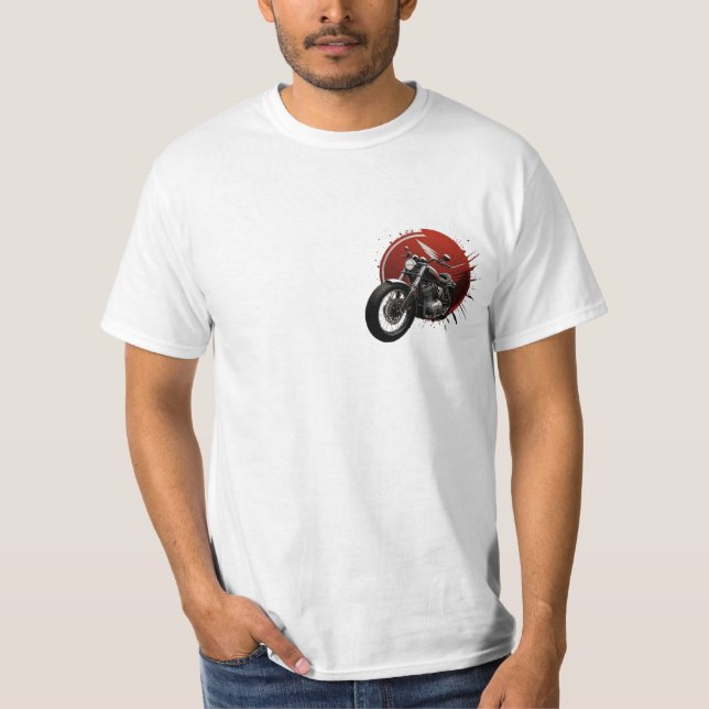 Stylish Cruiser Motorcycle with Bold Red Backgroun T-Shirt (Front)