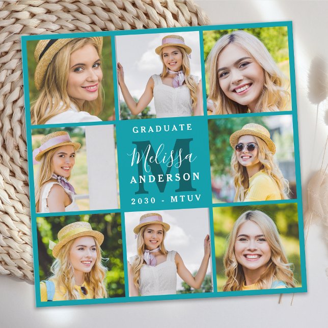 Stylish Custom 8 Photo Collage Teal Graduation Invitation (Creator Uploaded)